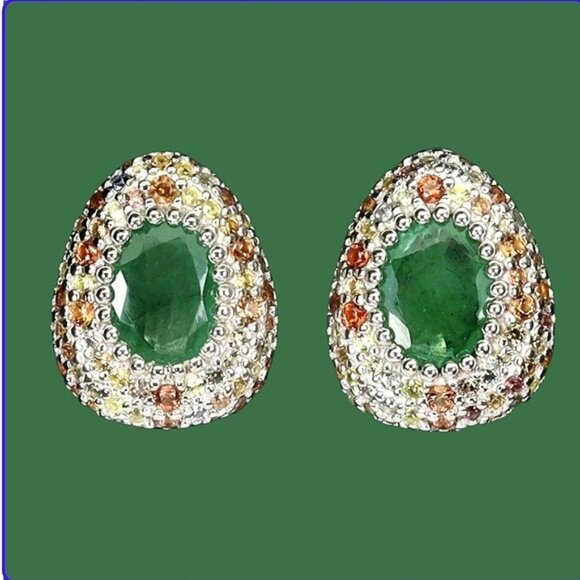 925 Sterling Silver Earrings with Natural Emerald & Sapphire Gems - Picture 1 of 3